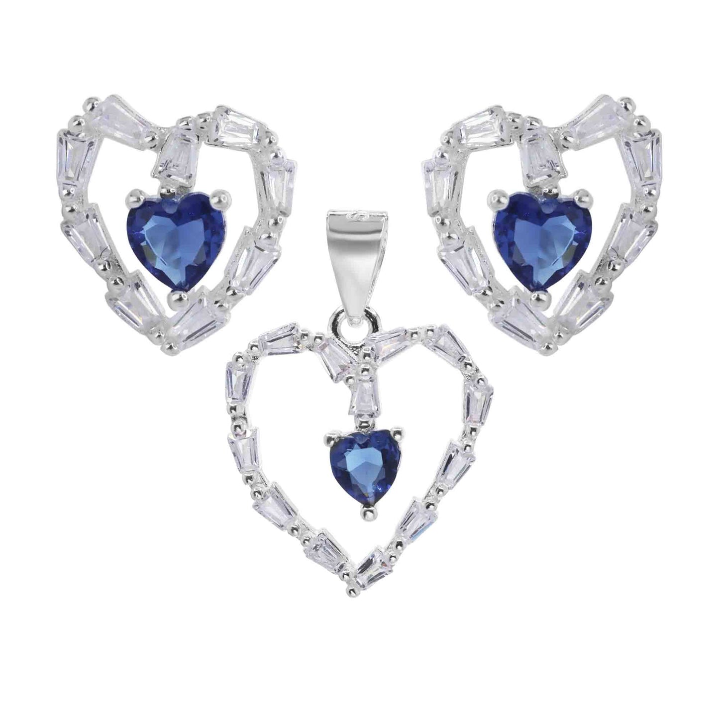 Conjunto de Plata - Corazón con Circón Azul con Borde Circones