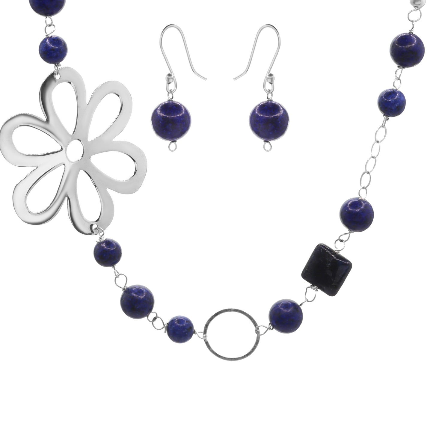 Conjunto de Plata - Largo con Lapislázuli y Placa de Flor