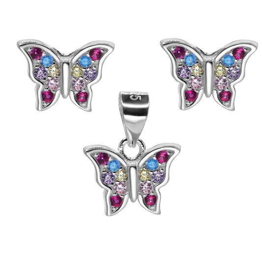 Conjunto de Plata - Mariposa con Circones de Colores