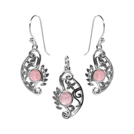 Conjunto de Plata Placa con Piedra Cuarzo Rosa