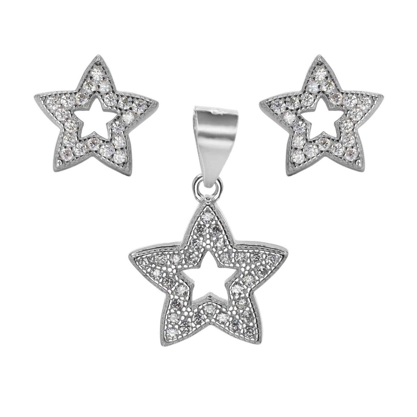 Conjunto de Plata Rodinada - Estrellas Caladas con Circones