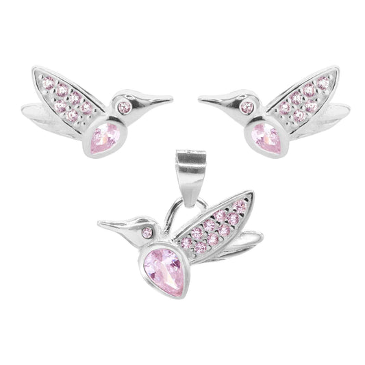 Conjunto de Plata Serie Colibríes con Circones Rosa