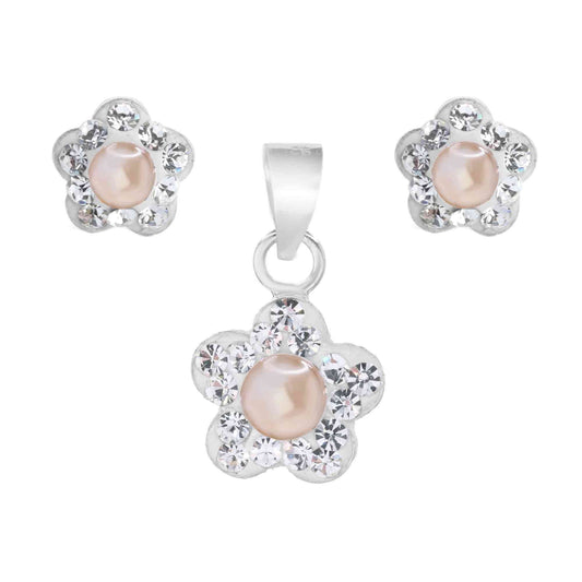 Conjunto de Plata Strass de Flores Perlas Nude - DJOYAS
