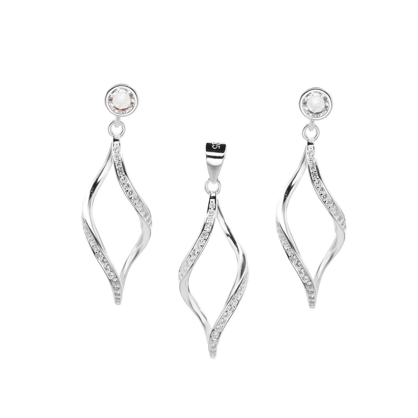 Conjunto de Plata 925Diseño Curvo con Botones de Circón y Serie de Circones en los Bordes
