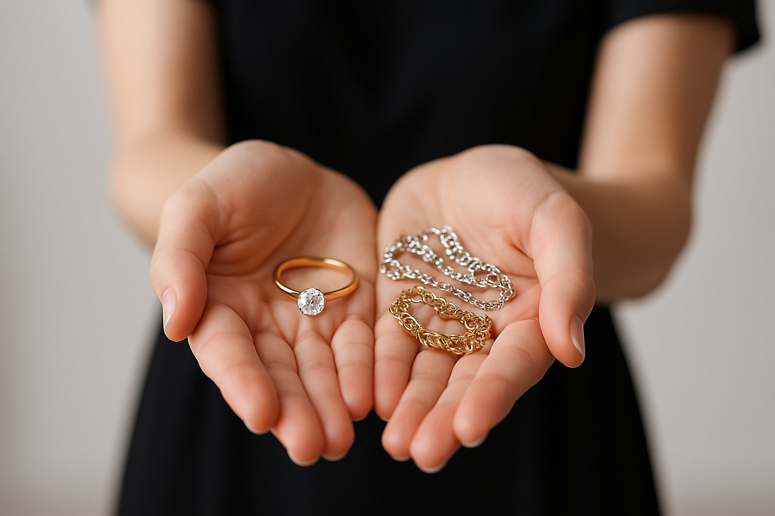 mujer con ambas manos extendidas juntas sosteniendo en sus manos 1 anillo de oro con brillo diamante y 1 cadena de plata y 1 cadena de oro