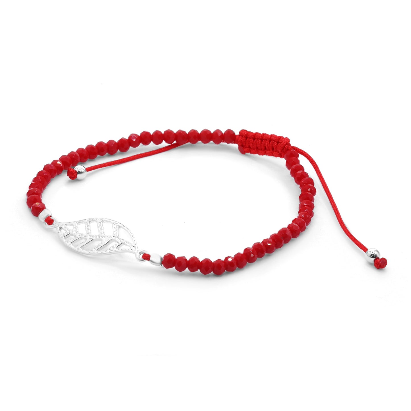 Pulsera de Plata Cristales Rojo con Placa de Hoja