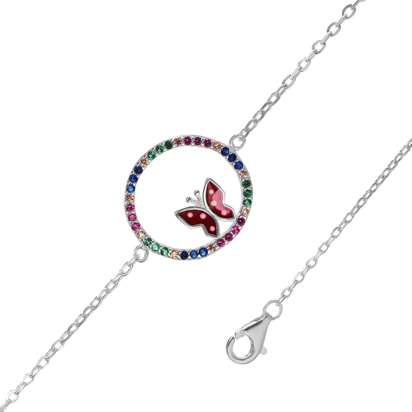 Pulsera de Plata - Circular con Circones de Colores y Mariposa Esmaltada