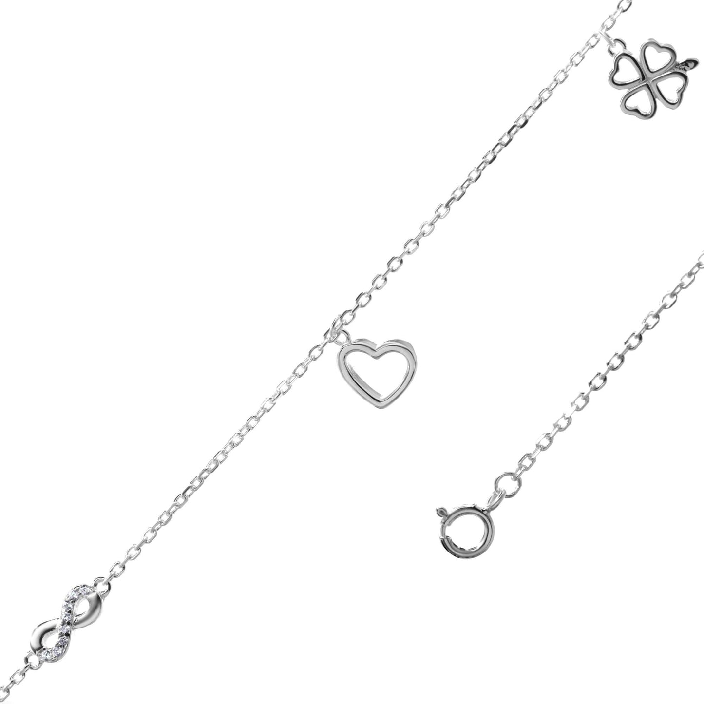 Pulsera de Plata - Infinito de Circones, Corazón Calado Liso y Trébol Liso
