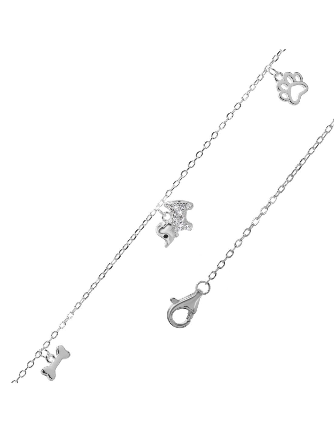 Pulsera de Plata - Perro con Circones y Dijes de Hueso y Huella