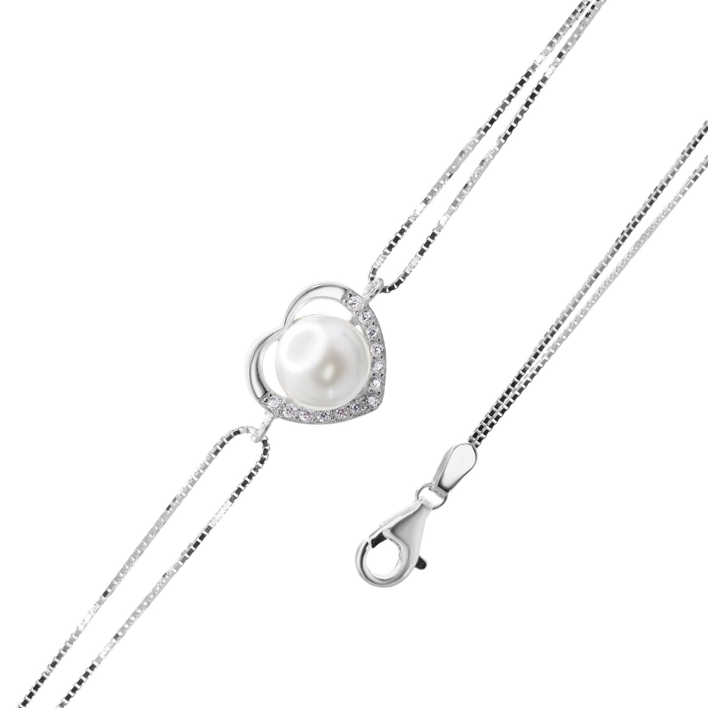 Pulsera de Plata Doble Cadena Veneciana con Corazón Circones y Perla
