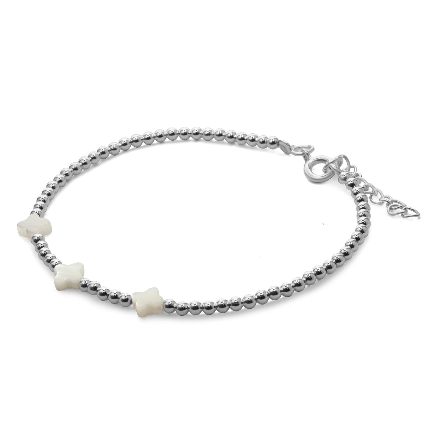 Pulsera de Plata Esferas Lisas con Placas de Nácar Mariposa