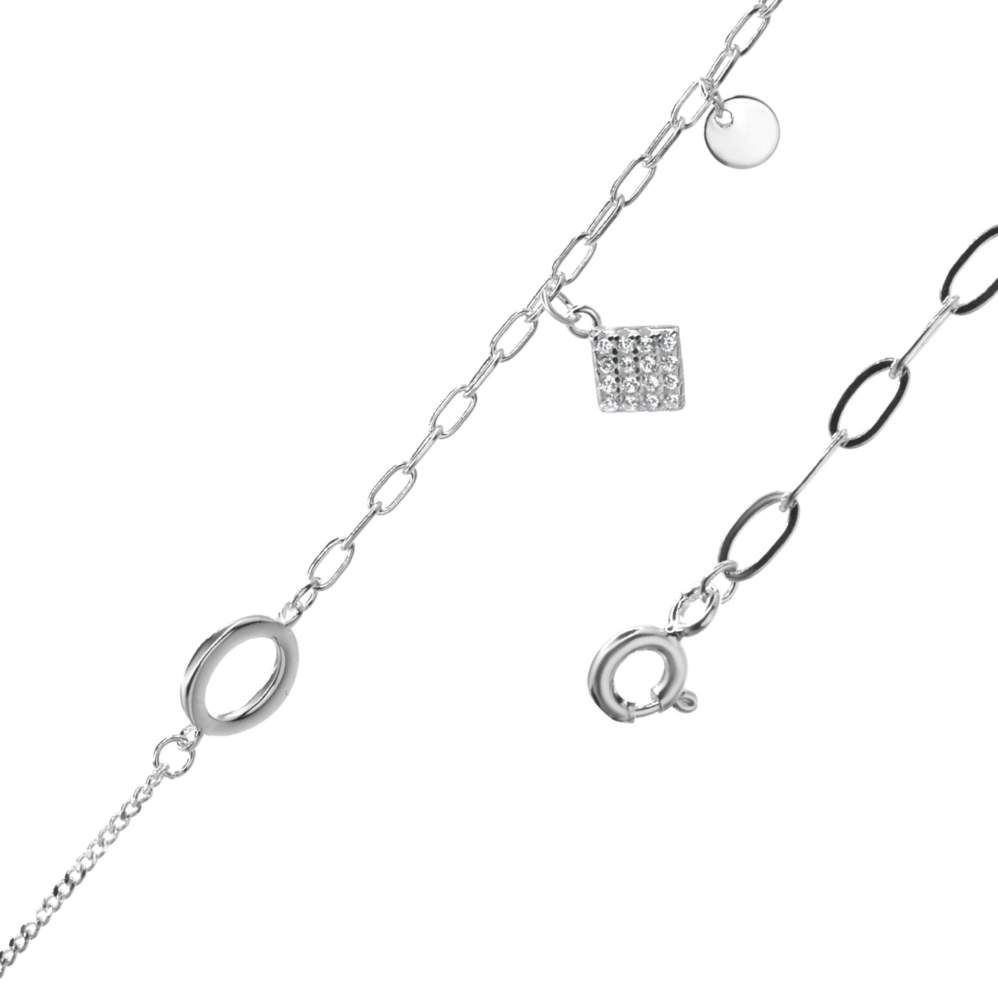 Pulsera de Plata Eslabones con Rombo de Circones y Pequeña Placa Lisa
