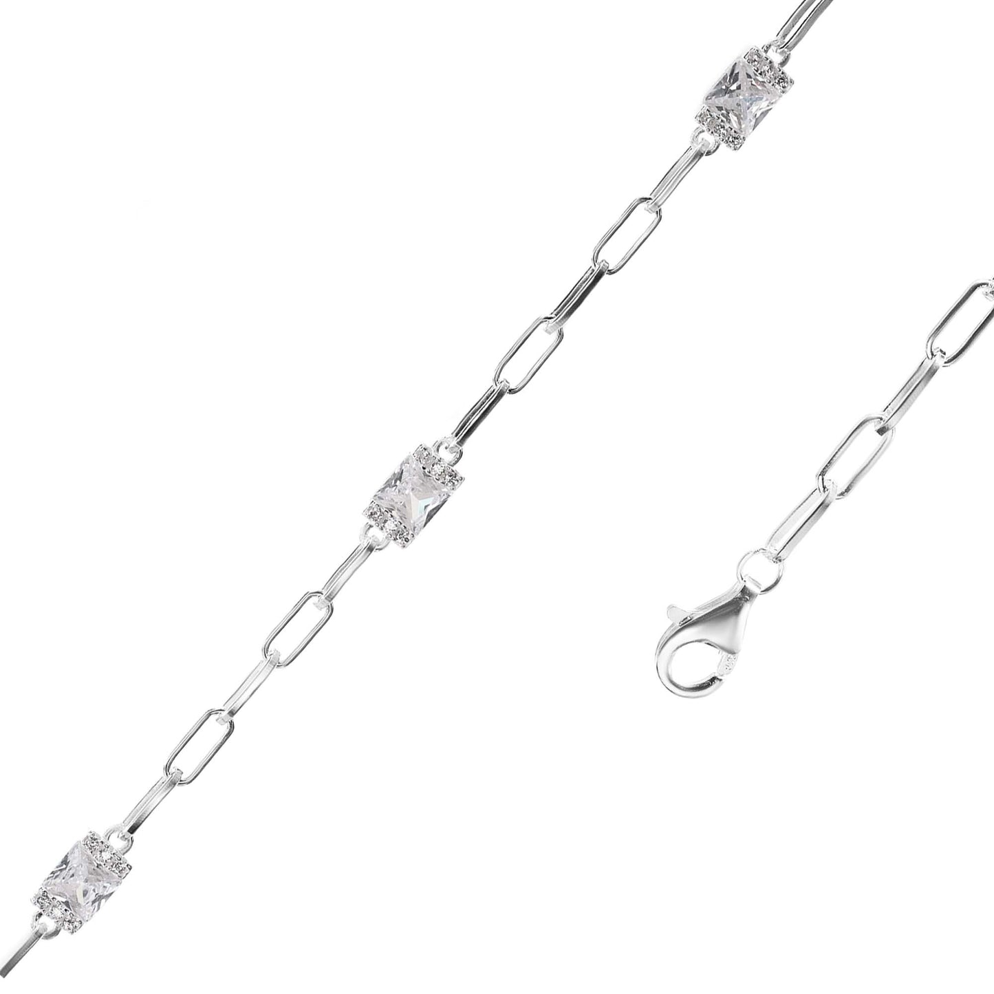 Pulsera de Plata Eslabones Ovalados con Aplicación de Circón Rectangular