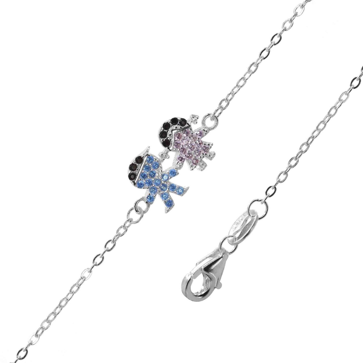 Pulsera de Plata Hermanos con Circones Rosas y Celestes