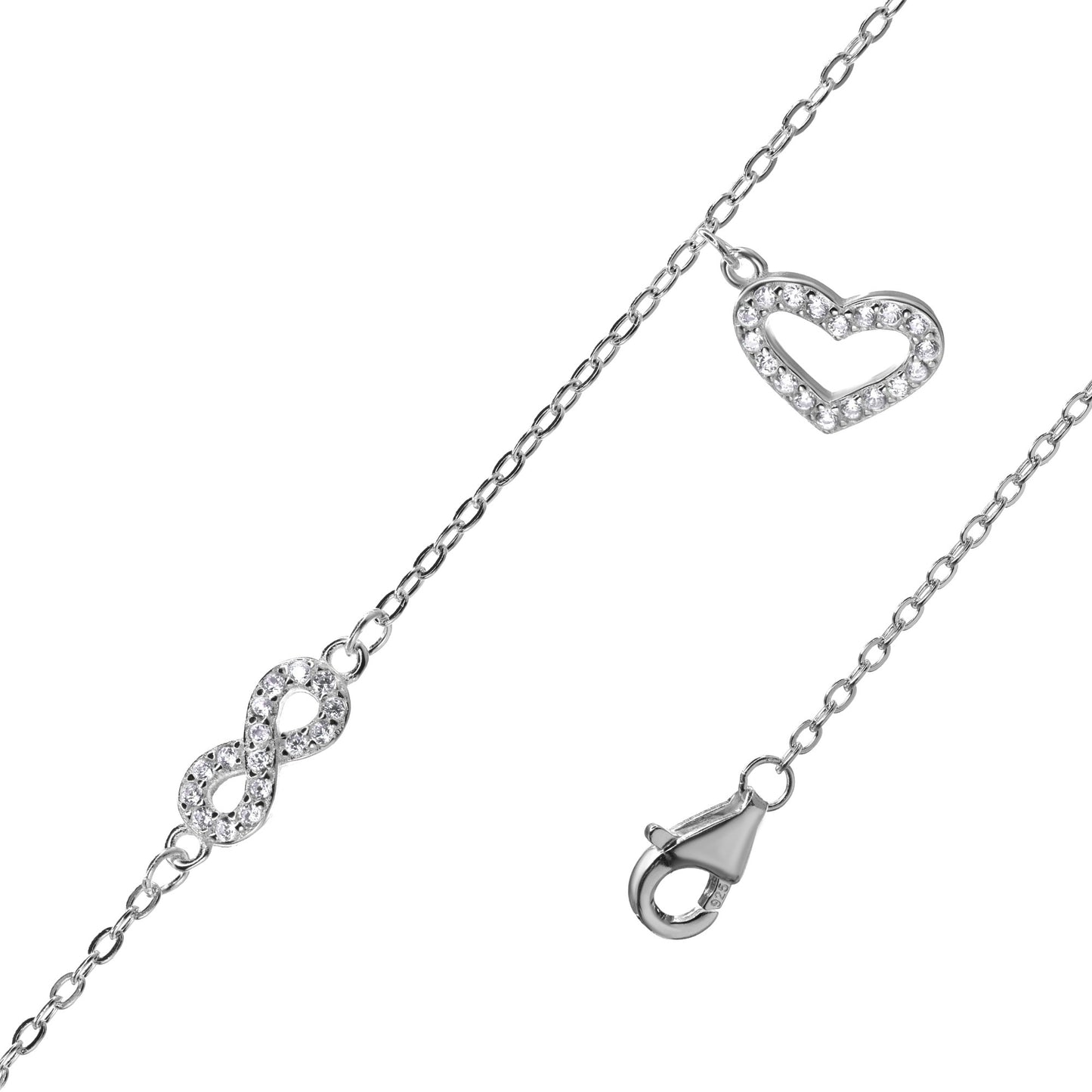 Pulsera de Plata Infinito y dije Corazón con Circones