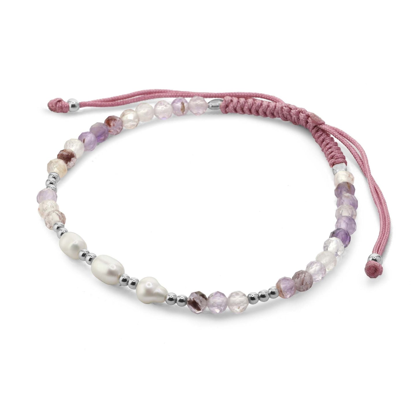 Pulsera de Plata Macramé color Palo de Rosa con Cristales , Esferas y Piedras de Río , Ajustable