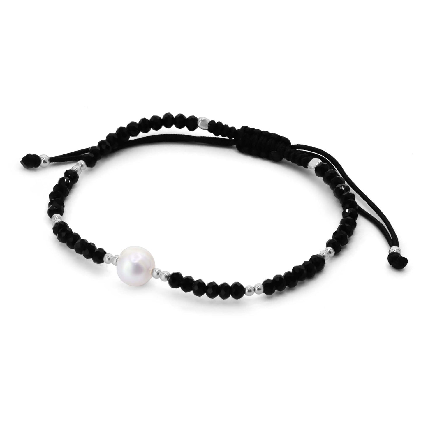 Pulsera de Plata Macramé Negra con Cristales Negros y Perla