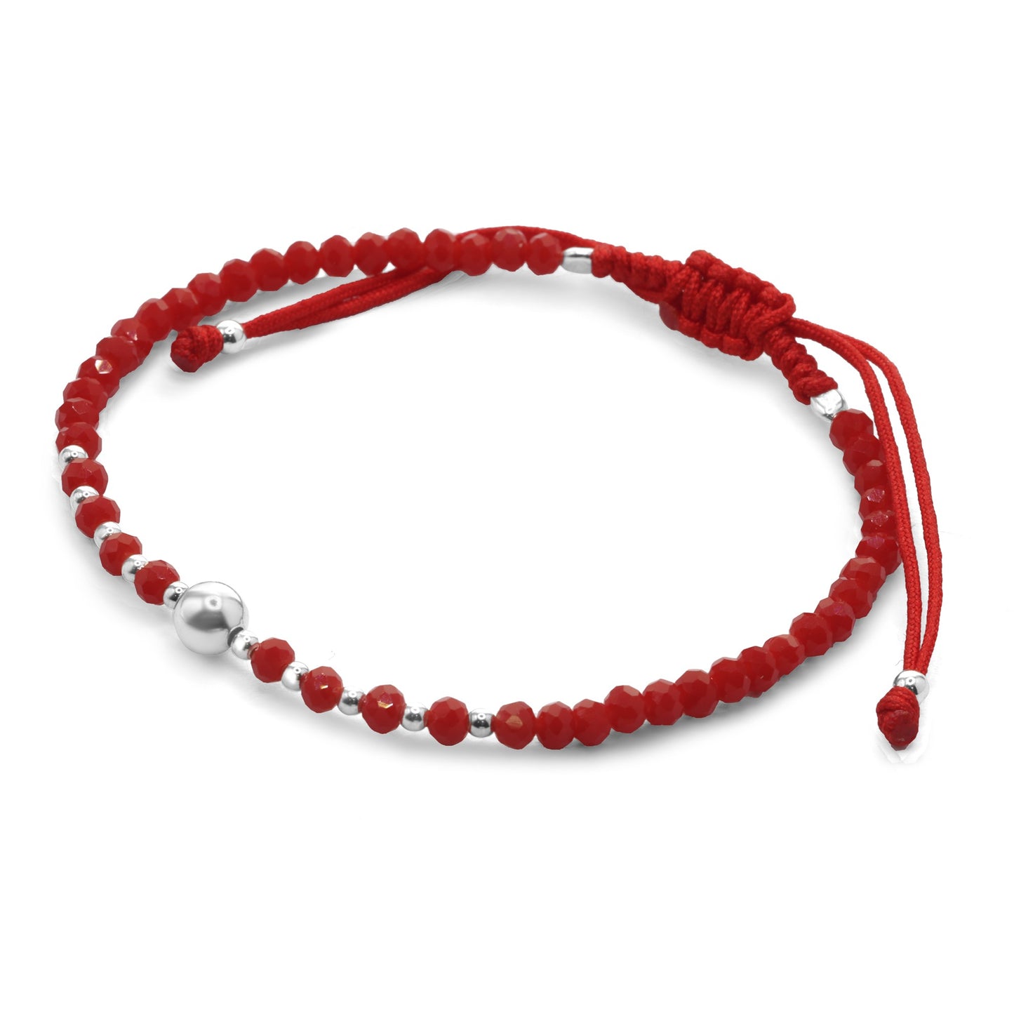 Pulsera de Plata Macramé Roja con Cristales Rojos y Esferas Lisas