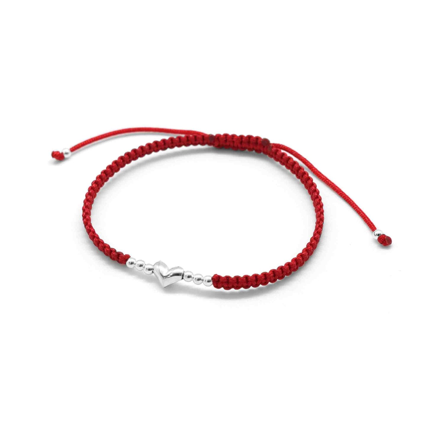 Pulsera de Plata Macramé Roja con Esferas y Corazón
