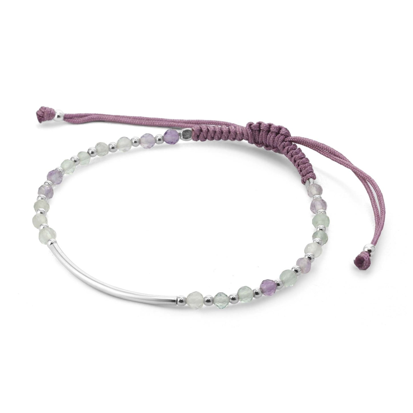 Pulsera de Plata Macramé Tubular con Cristales Color Lila y Esferas , Ajustable