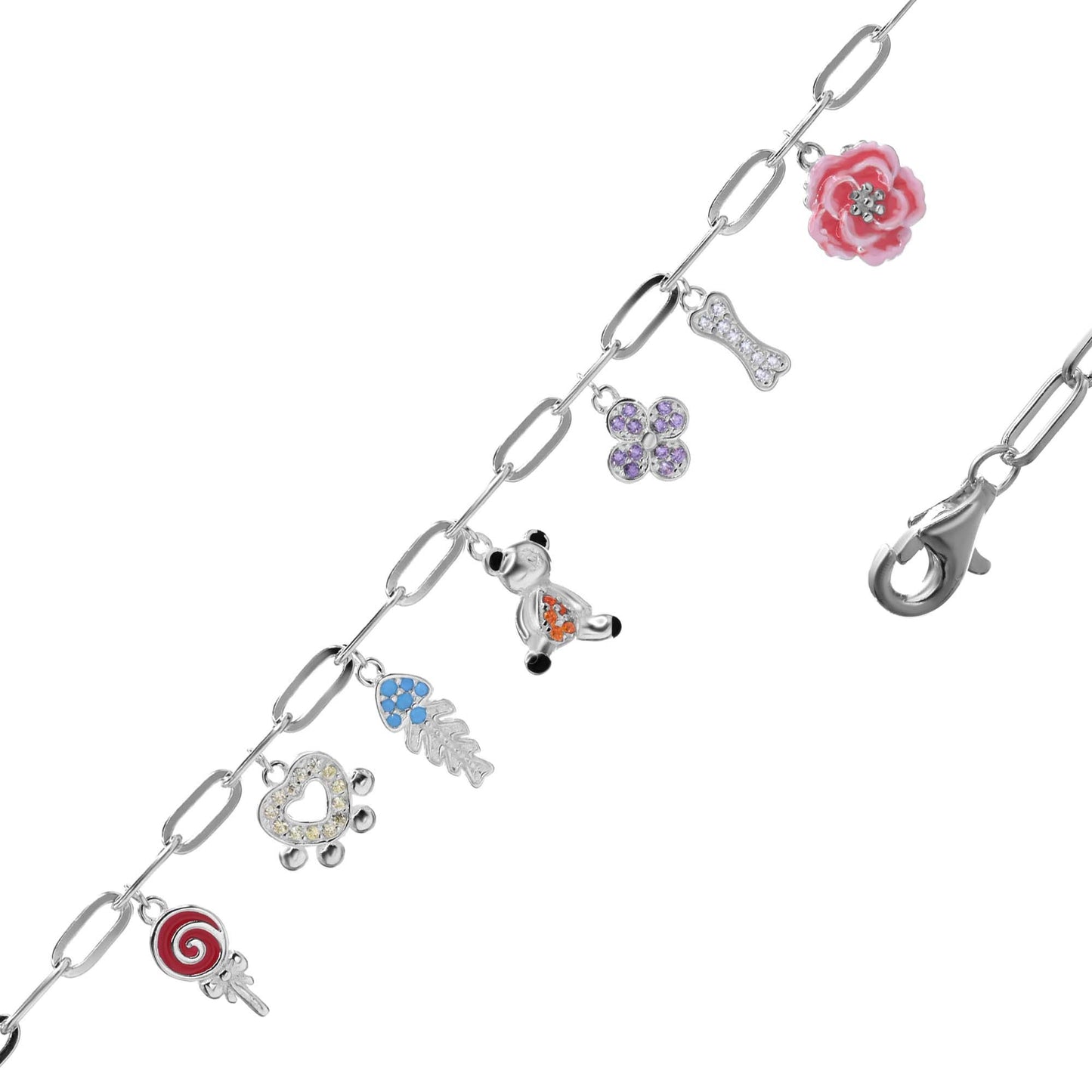 Pulsera de Plata Serie de Dijes con Flor Esmaltada y Circones