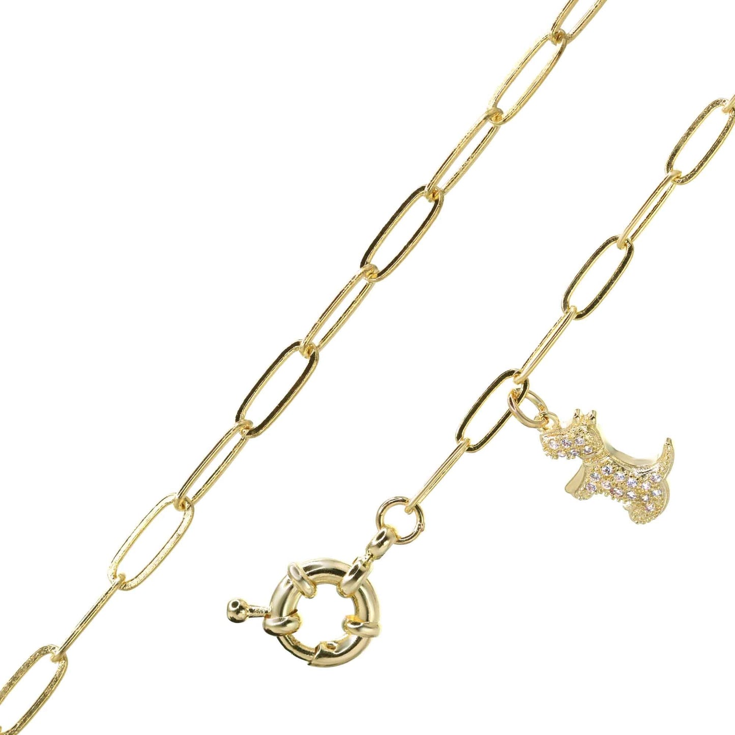 Pulsera Enchapada en Oro Broche Timón con Colgante Perro de Circones y Eslabones Ovalados