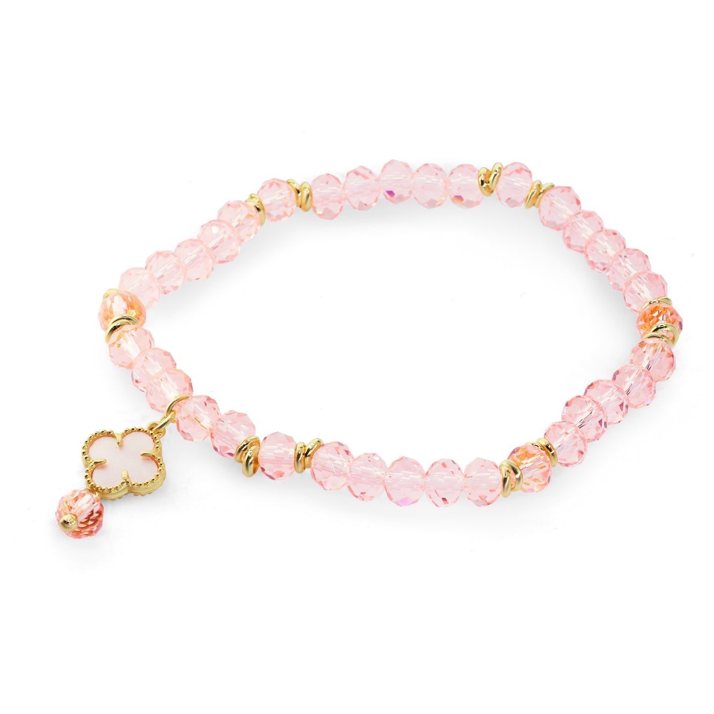 Pulsera Enchapada en Oro Terminales Dorados con Cristales Rosas y Dije de Flor