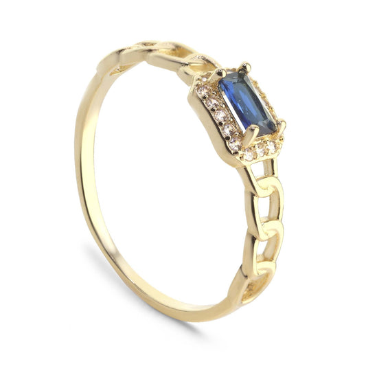 Anillo Enchapado en Oro Diseño Cadena con Circón Azul y Serie de Circones Tradicionales