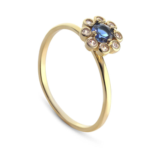 Anillo Enchapado en Oro Diseño Flor de Circón Azul con Circones Tradicionales