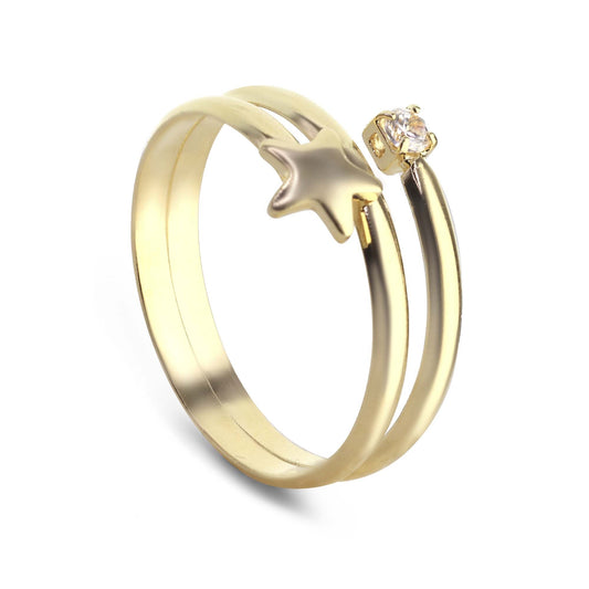 Anillo Enchapado en Oro Diseño Triple Banda con Estrella Lisa y Delicado Circón