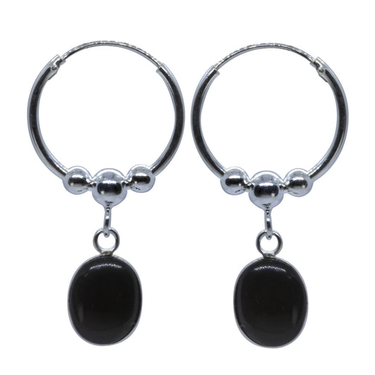 Aros de Plata 925 Argollas con Esfera y Piedra Onix