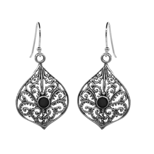 Aros de Plata 925 Abigarrado Florecido con Piedra Onix