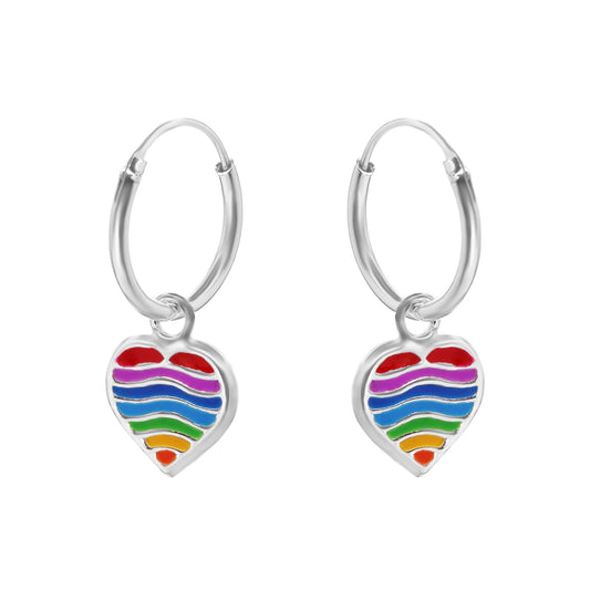 Aros de Plata 925 Argolla con Corazón Colgante  Esmaltado de Colores