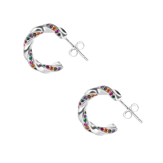 Aros de Plata 925 Argolla Enroscada con Circones de Colores 15 mm