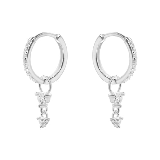 Aros de Plata Argollas con Circones y Pequeños Corazones Colgantes