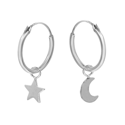 Aros de Plata Argollas con Colgantes de Placa Luna y Estrella 12 mm