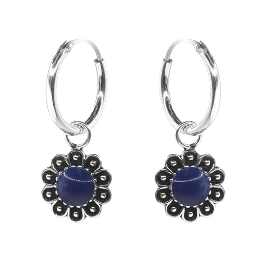 Aros de Plata Argollas con Flores Aplicación Azul