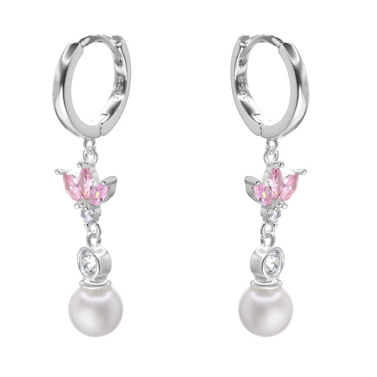 Aros de Plata 925 Argollas con Flores de Circones Rosas y Perla de Imitación