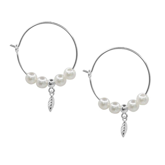 Aros de Plata 925 Argollas con Perlas y Pequeña Pluma 25 mm -