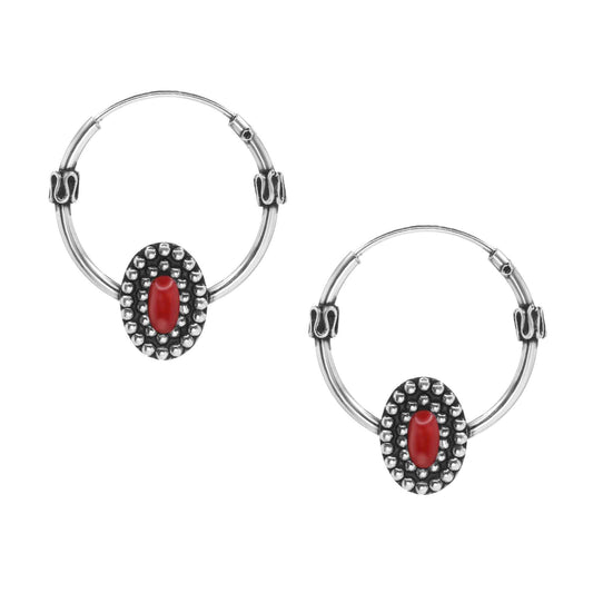 Aros de Plata 925 Argollas Diseño Tribal con Coral