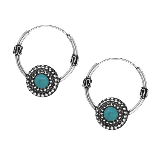 Aros de Plata 925 Argollas Envejecidas con Piedra Turquesa