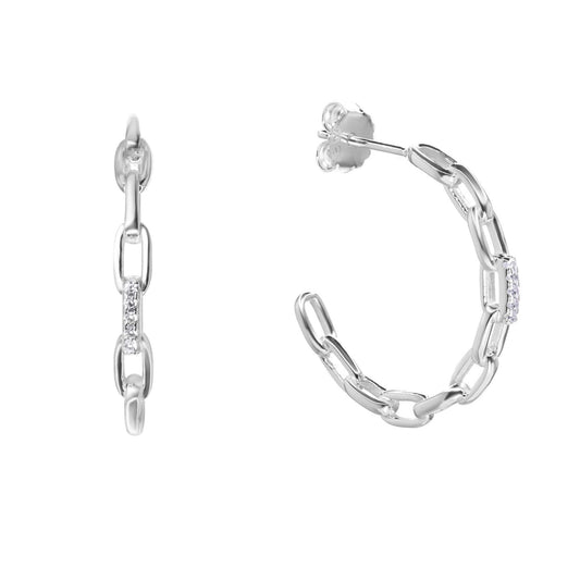 Aros de Plata 925 Argollas Estilo Cadena con Micro Circones