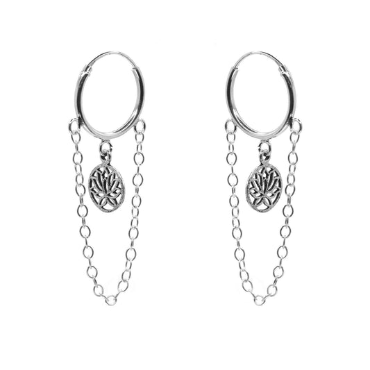 Aros de Plata 925 Argollas Estilo Cadena con Placa de Flor de Loto 14 mm