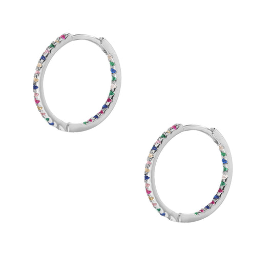 Aros de Plata 925 Argollas Mediana con Circones de Colores en los Bordes 17 mm