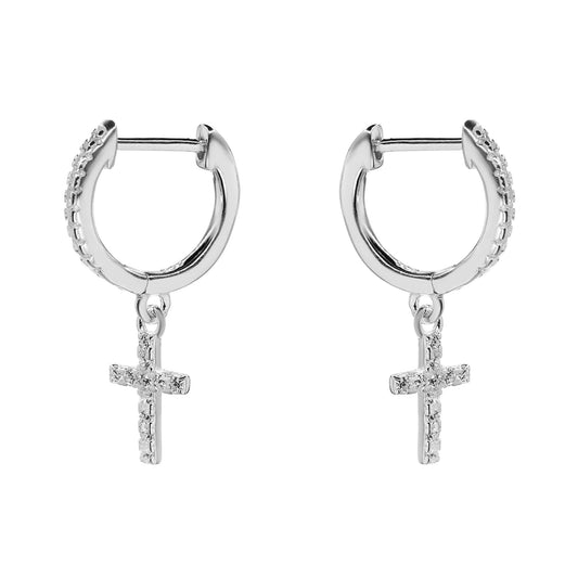 Aros de Plata Argollas Micro Circones con Colgante Cruz