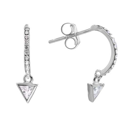 Aros de Plata 925 Argollas Semi Abierta con Circones y Colgante de Triangulo