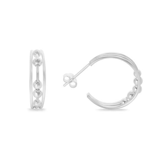 Aros de Plata 925 Argollas Semi Abierta Doble Banda con Esferas Lisas
