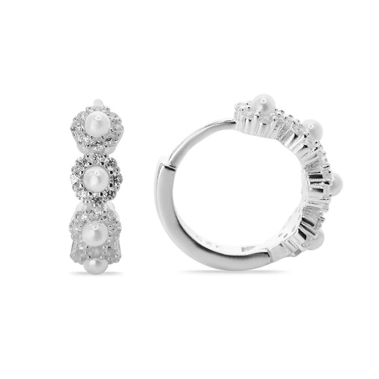 Aros de Plata 925 Argollas Serie de Flores con Microcircones y Perlas