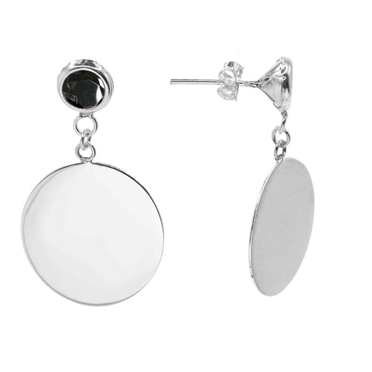 Aros de Plata 925 Circón Onix con Placa Redonda