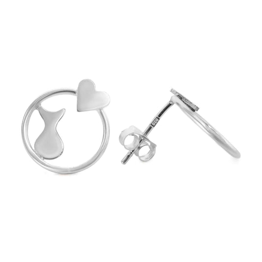 Aros de Plata Circulo con Figura de Gato y Corazón